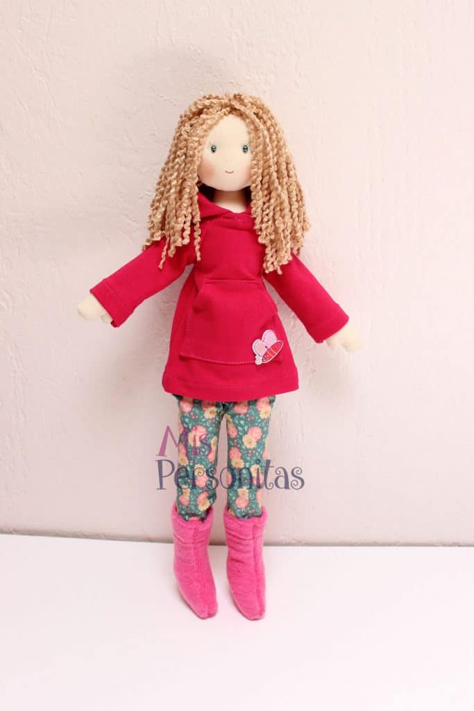 Muñeca de Tela Niña Poleron, Calzas y Botas Rosa